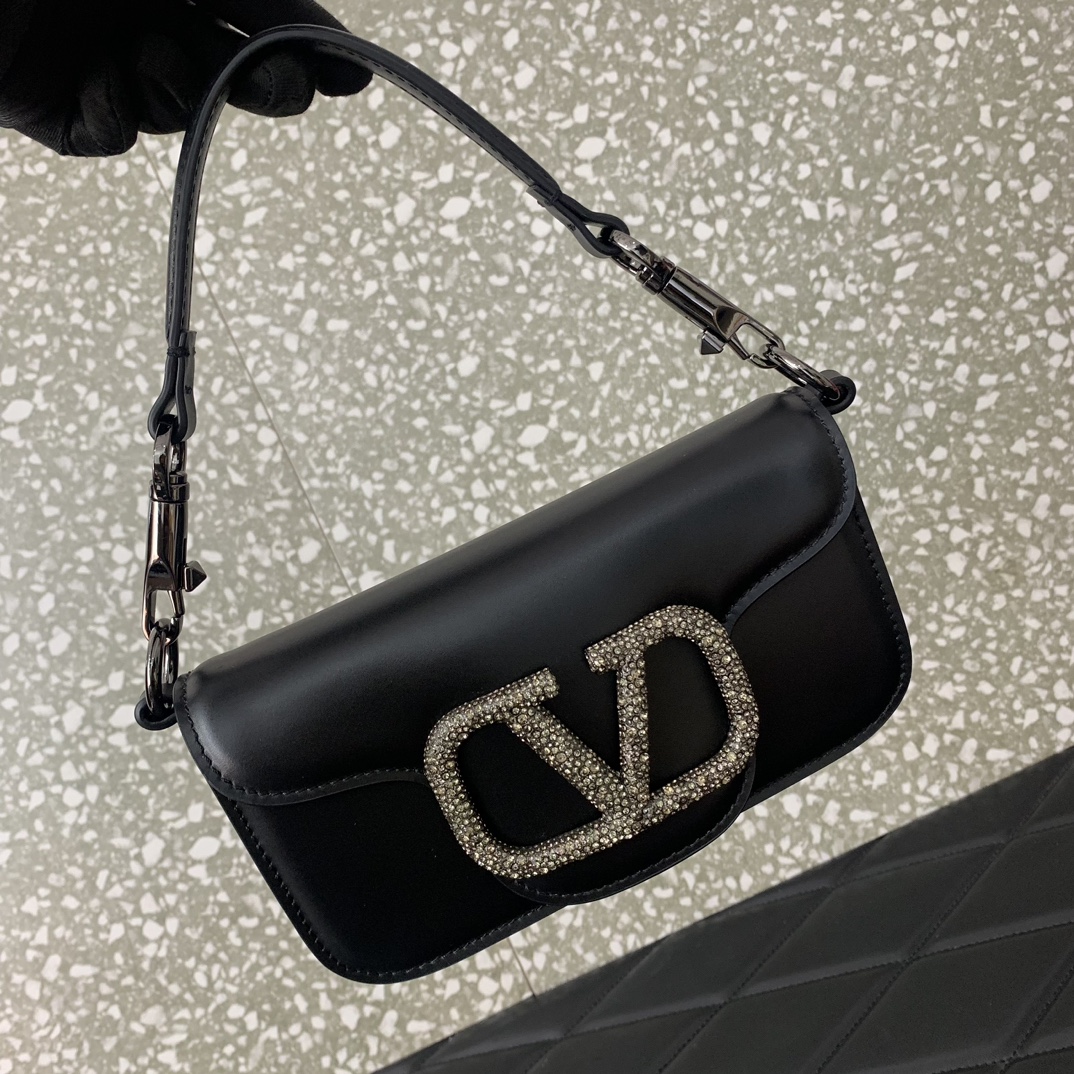 Valentino Garavani Loco Small Shoulder Bag in Black Calfskin Leather 